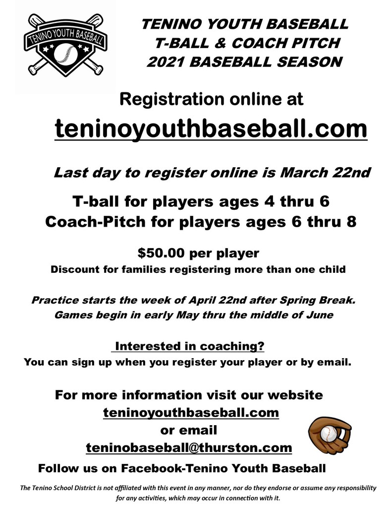 Tenino Youth Baseball T-Ball & Coach Pitch 2021 Baseball Season