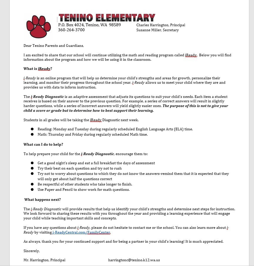 iReady Testing Letter to Parents
