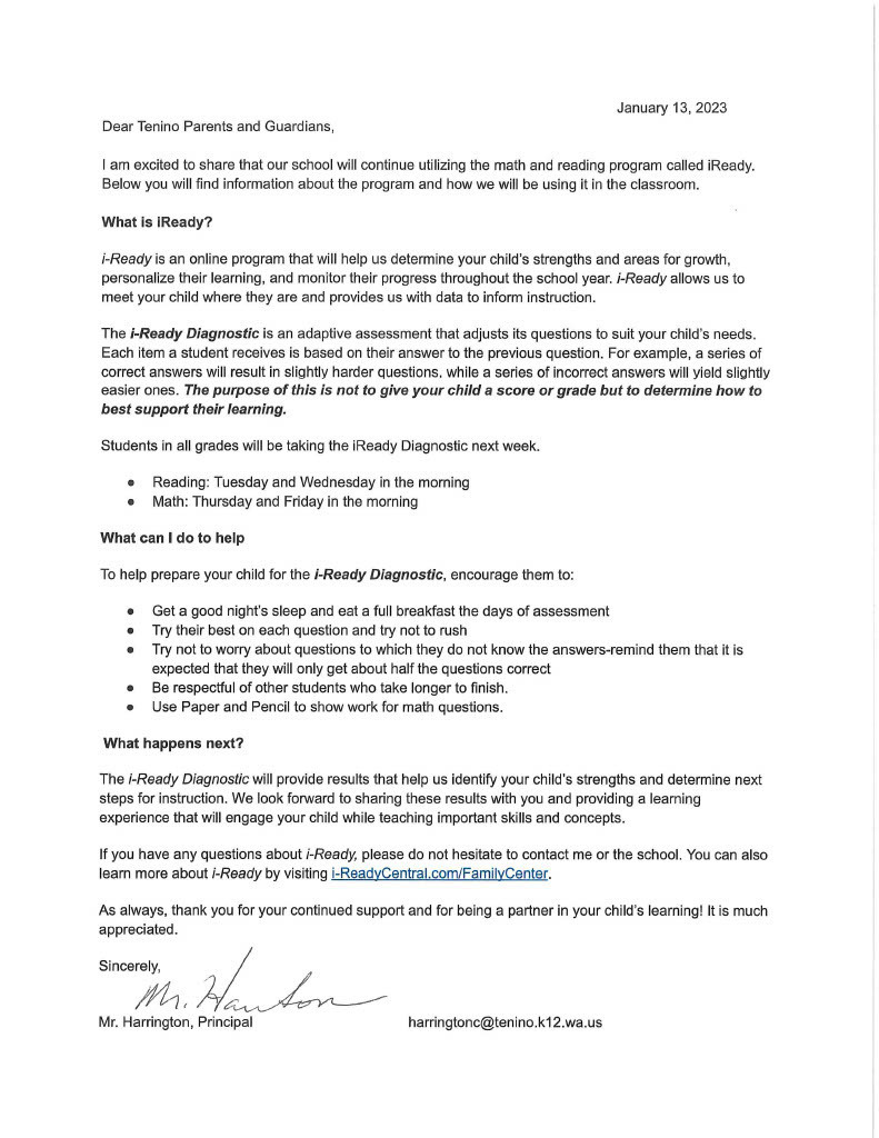 iReady Testing Letter